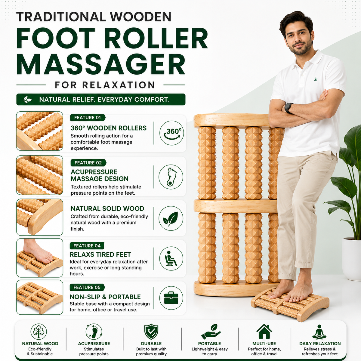 Traditional Wooden Foot Roller Massager for Relaxation