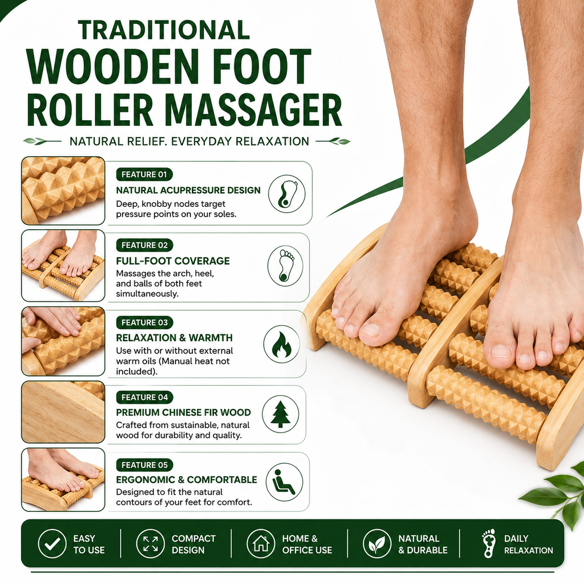 Traditional Wooden Foot Roller Massager for Relaxation