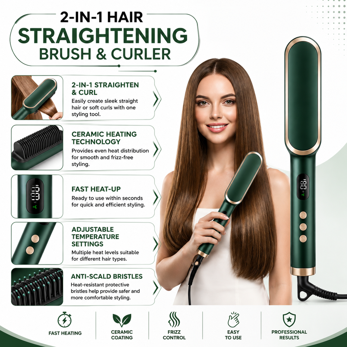 2-in-1 Hair Straightening Brush and Curler